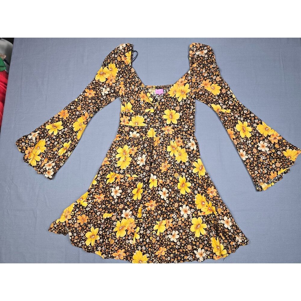 Yellow Brown Floral Bell Sleeve Dress Mi Ami XS Boho Cottagecore Hippie Prairie